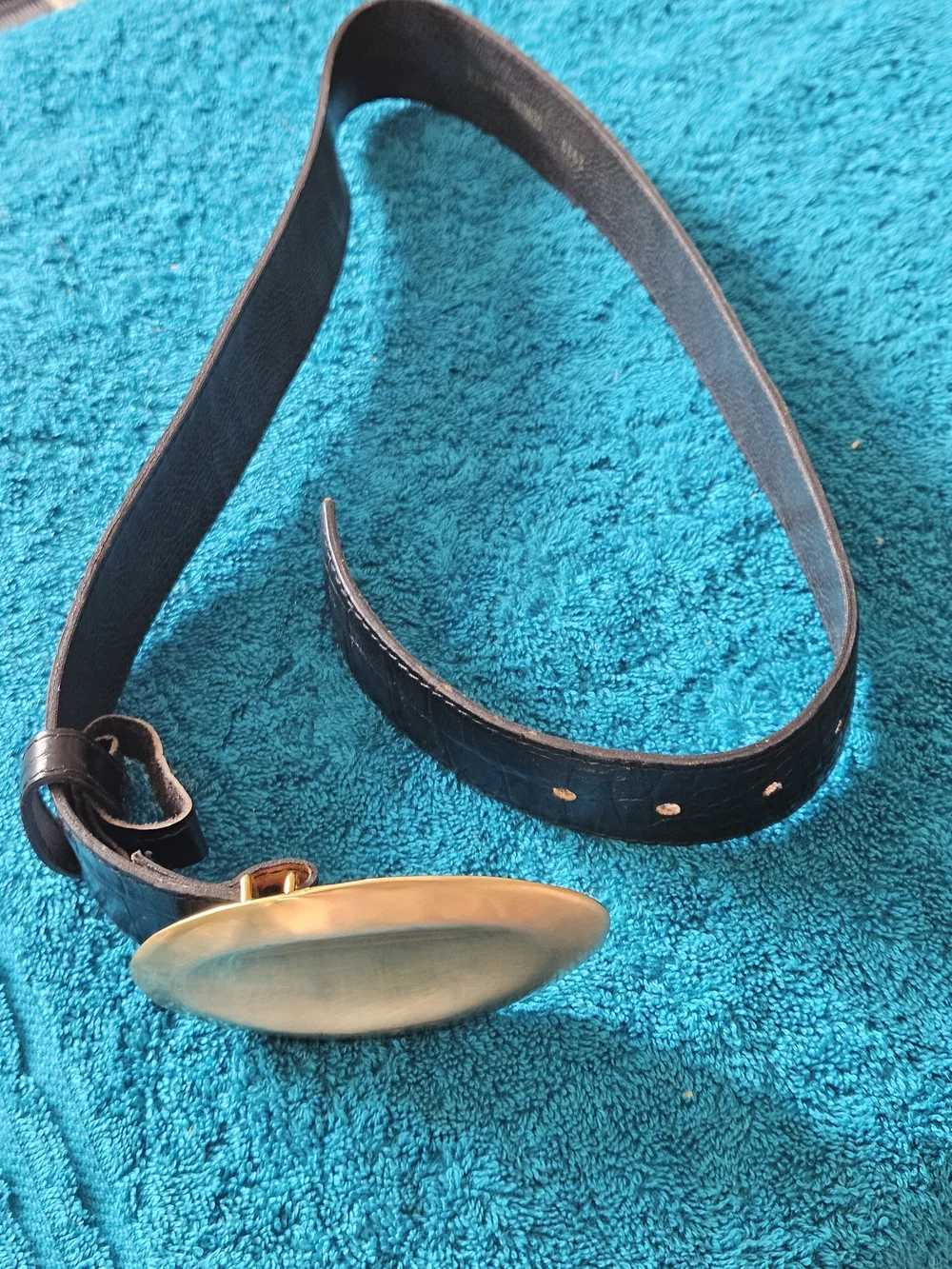 Black Croc-Embossed Leather Belt with Brass Oval Buckle